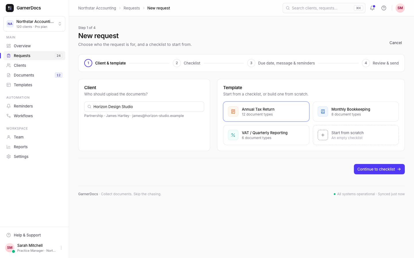 The first step of the New request wizard: a client search box on the left and template cards on the right, including Start from scratch.