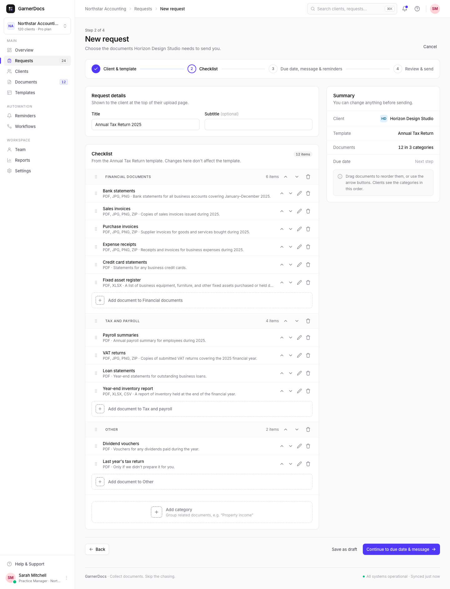 The checklist editor: documents grouped under categories such as Financial documents, each with buttons to move, edit or remove it, and an Add category tile at the bottom.