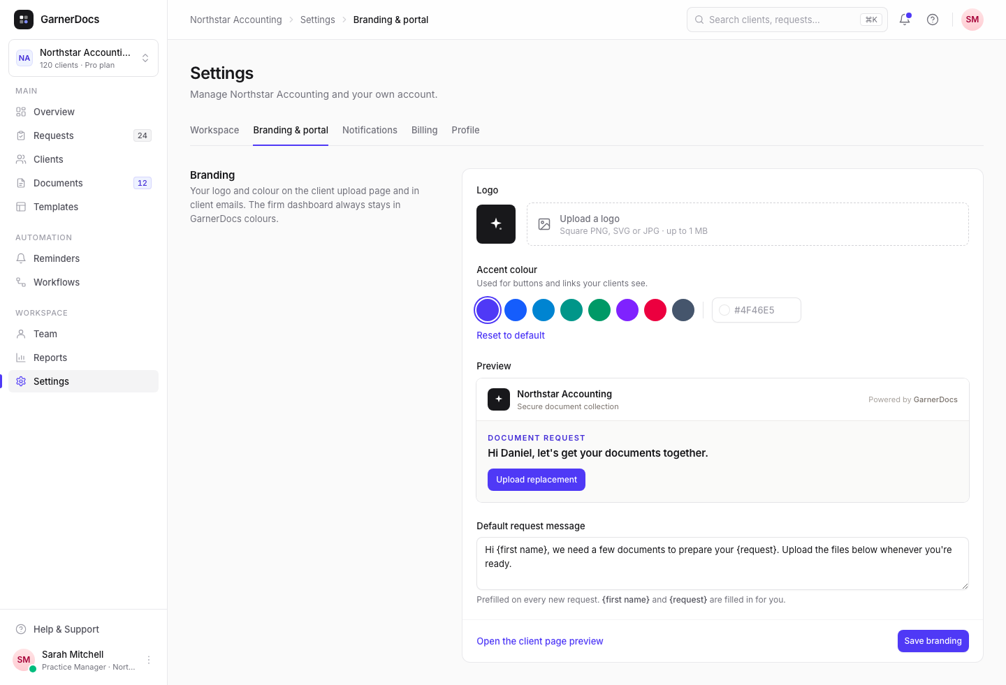 Settings → Branding & portal: a Logo upload area, eight accent colour swatches with a hex box, a Preview of the client upload page header, the Default request message and a Save branding button.