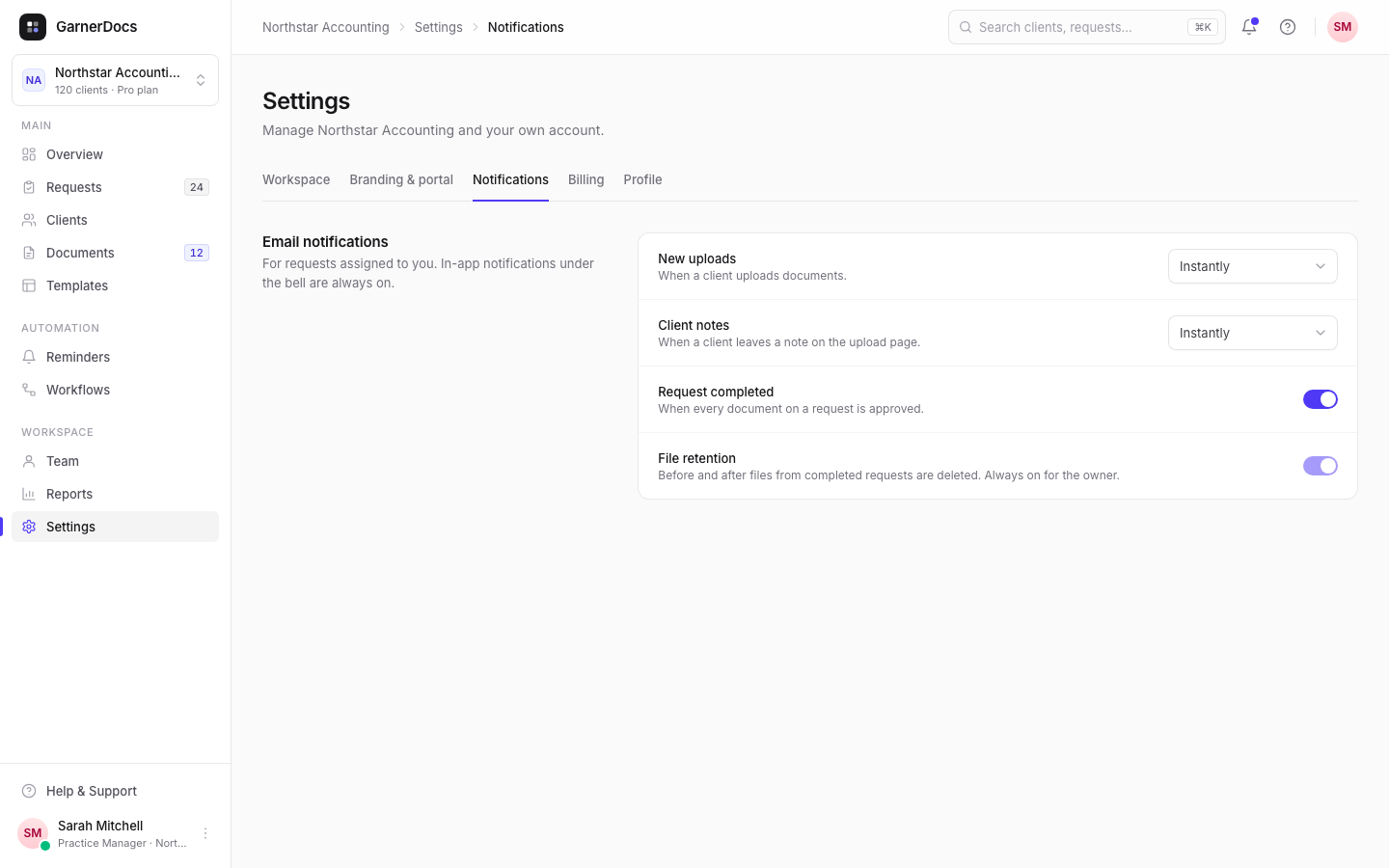 Settings → Notifications: New uploads and Client notes set to Instantly, and switches for Request completed and File retention.