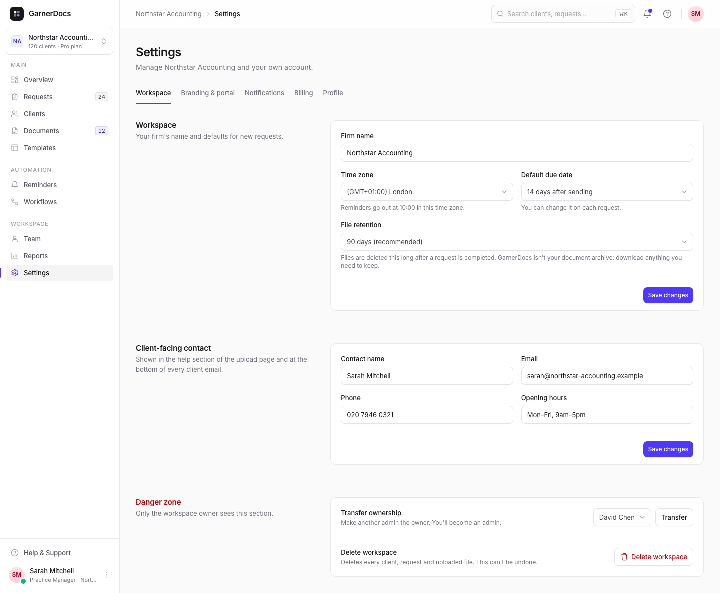 Settings → Workspace: the Workspace card with Firm name, Time zone, Default due date and File retention, the Client-facing contact card, and the owner's Danger zone.