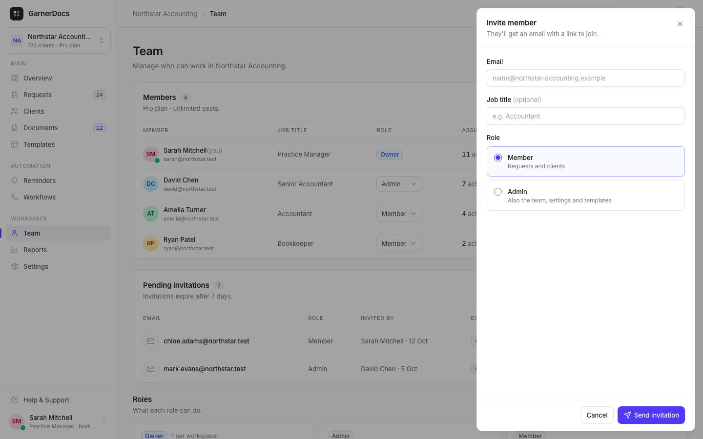 The Team page with the Invite member panel open: Email, an optional Job title, and a Role choice of Member or Admin, with a Send invitation button.