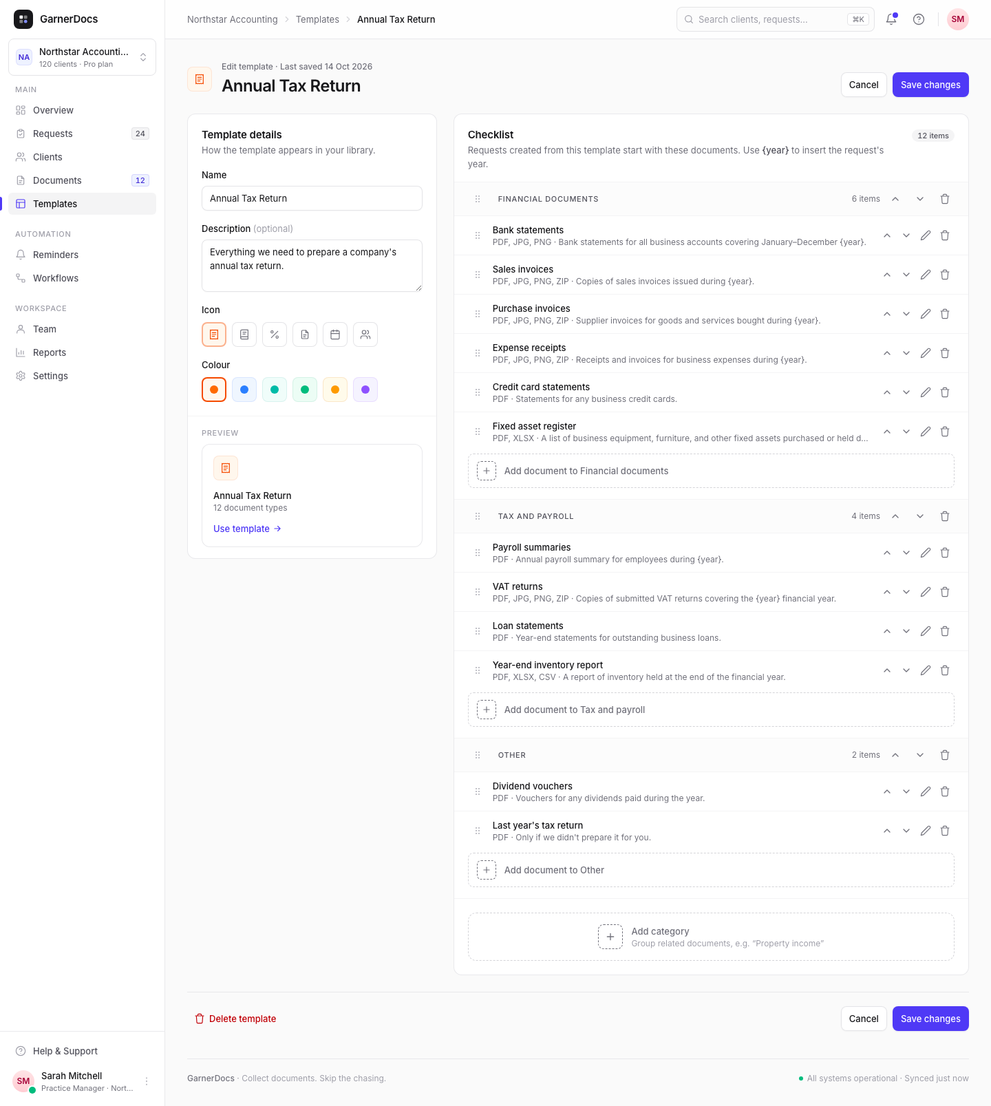 The template editor: Template details with name, description, icon, colour and a preview card on the left, and the checklist grouped by category on the right.